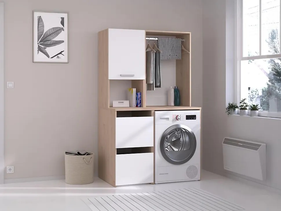 Meuble pour machine à laver avec penderie et placards - Naturel clair et blanc - L111 x H184 cm - ERKANO