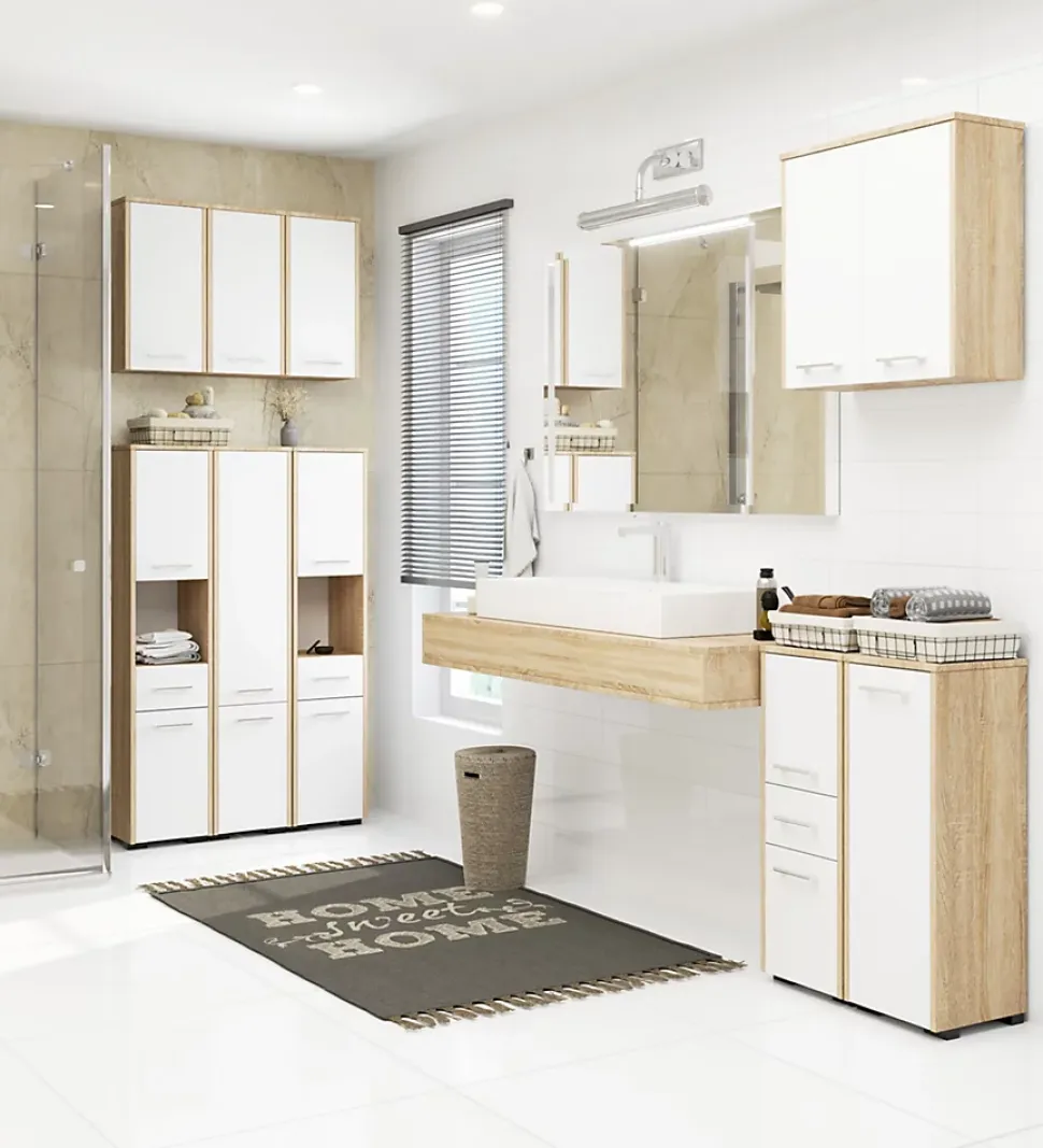 Meuble pour machine à laver AKORD FIN Chêne Sonoma 64 cm 2 portes façade Blanche 4 étagères 64x30x180 cm