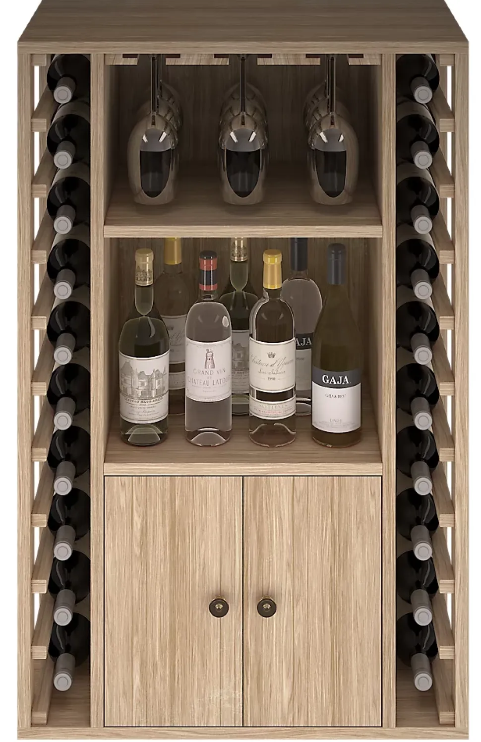 Meuble Range Bouteille de vin Série Godello en Chêne massif 20 bouteilles + liqueurs + 9 verres