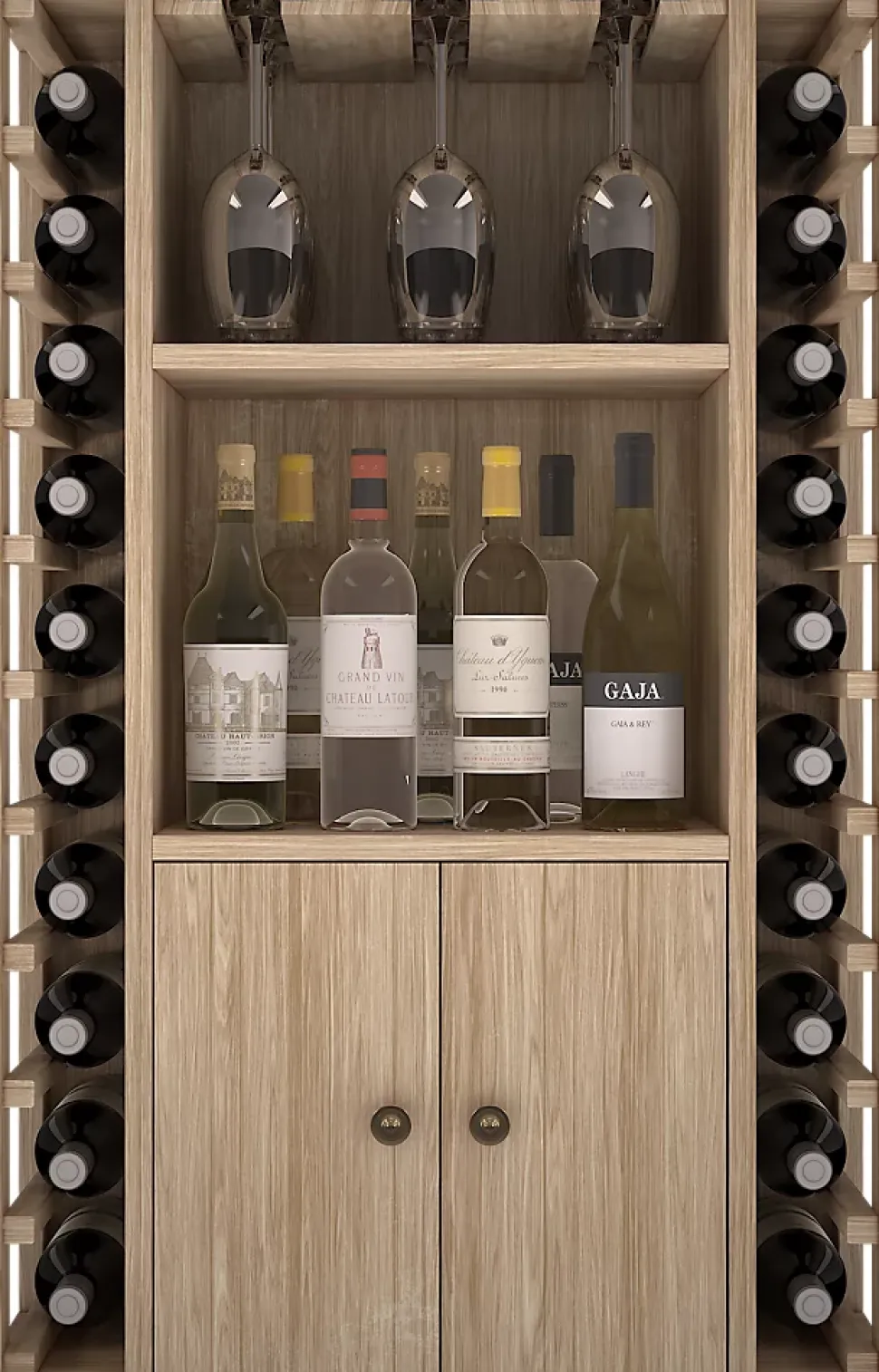 Meuble Range Bouteille de vin Série Godello en Chêne massif 20 bouteilles + liqueurs + 9 verres