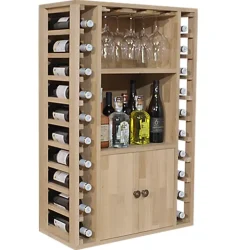 Meuble Range Bouteille de vin Série Godello en Chêne massif 20 bouteilles + liqueurs + 9 verres
