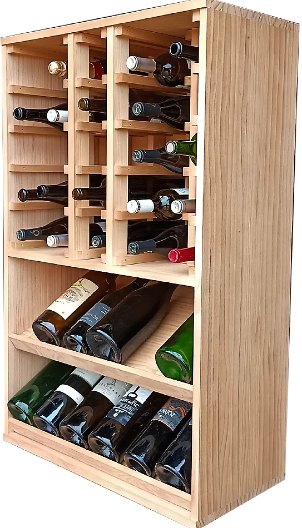 Meuble Range Bouteille de vin Série Godello en Pin Clair 42 magnums avec tablettes de présentation