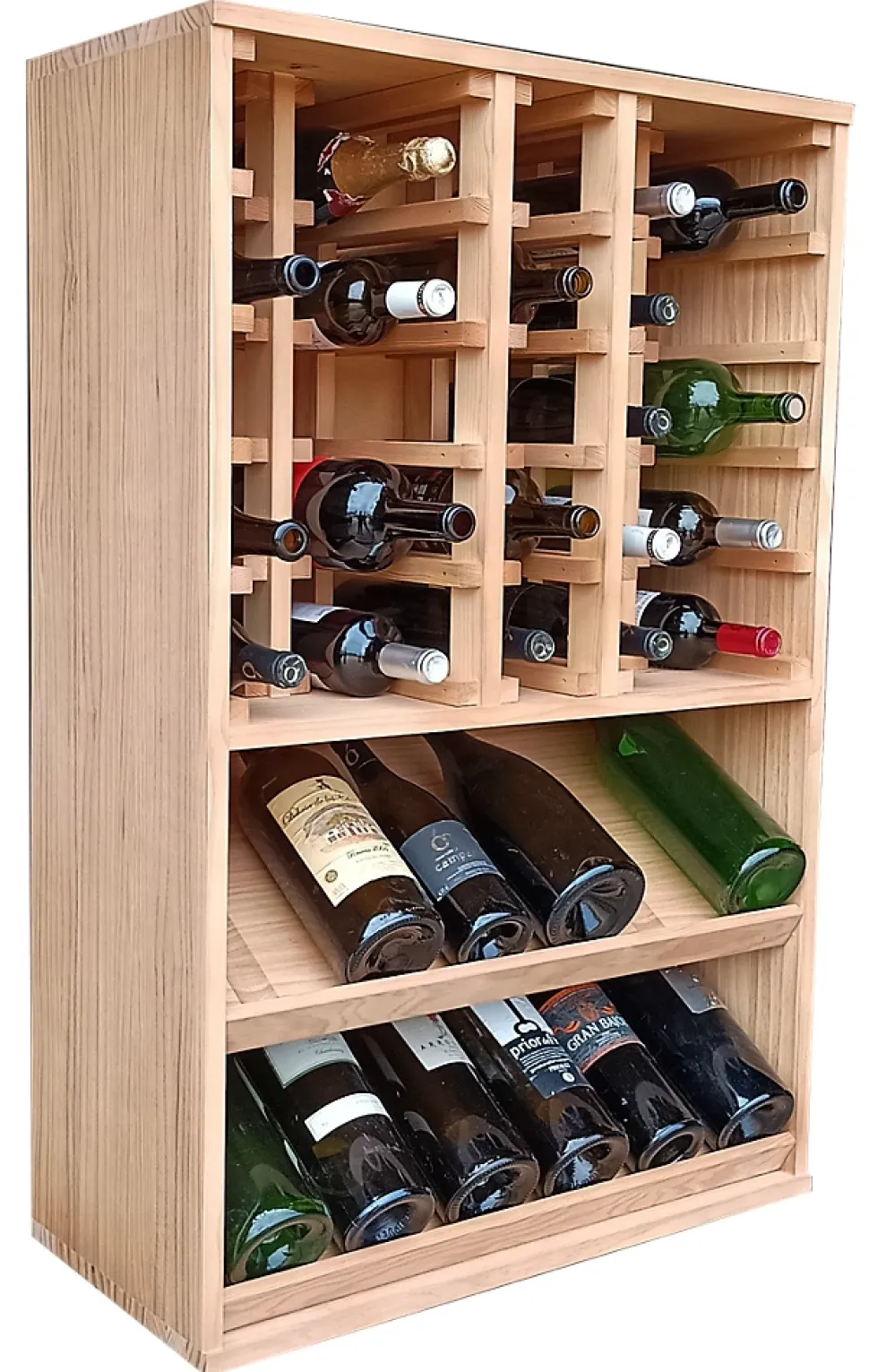 Meuble Range Bouteille de vin Série Godello en Pin Clair 42 magnums avec tablettes de présentation