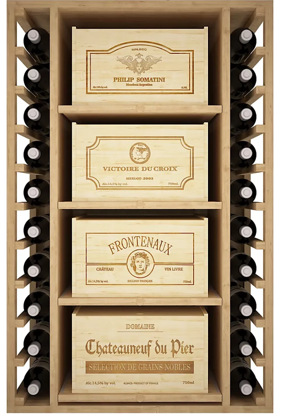 Meuble Range Bouteille de vin Série Godello en Chêne massif 20 bouteilles avec 4 boites de bois