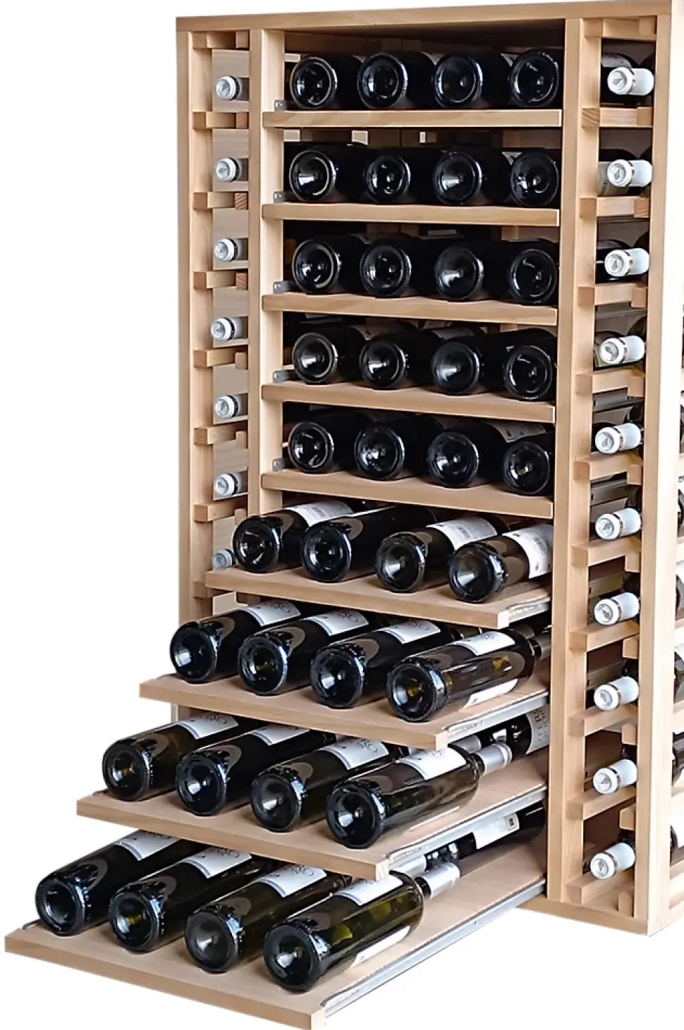 Meuble Range Bouteille de vin Série Godello en Chêne massif 112 bouteilles double profondeur avec 4 tablettes coulissantes