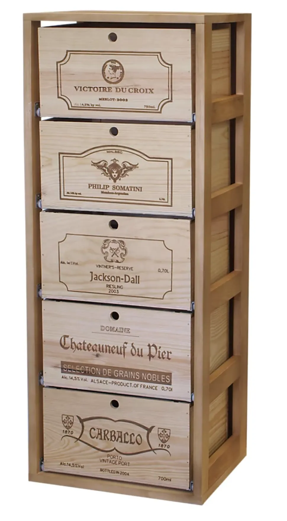 Meuble Range Bouteille de vin Série Godello en Chêne massif 5 caisses de bois sur tablettes coulissantes