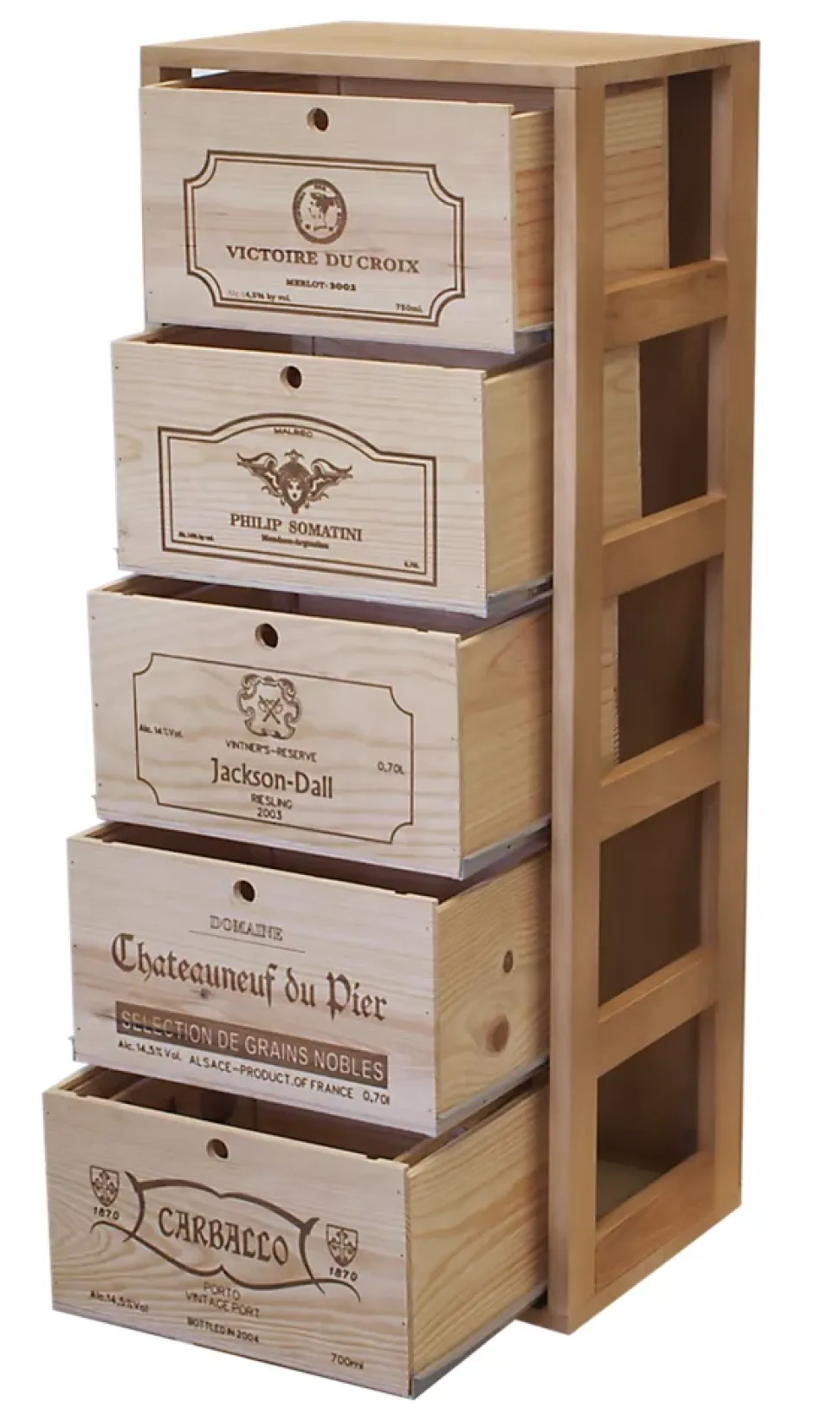 Meuble Range Bouteille de vin Série Godello en Chêne massif 5 caisses de bois sur tablettes coulissantes
