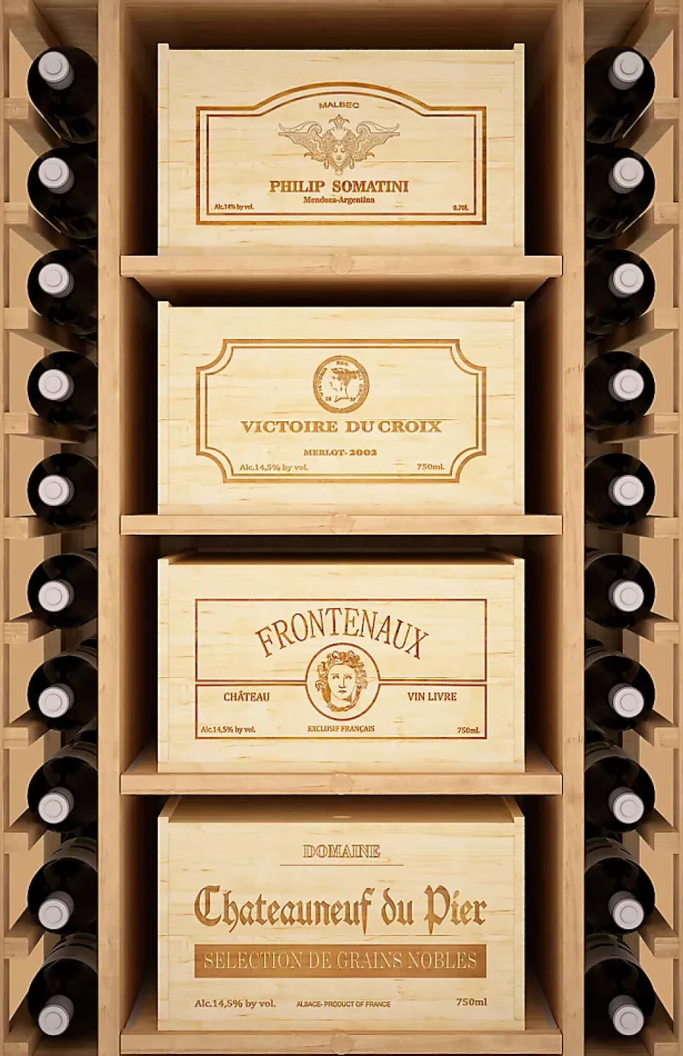 Meuble Range Bouteille de vin double Série Godello en Pin Clair 40 bouteilles avec 8 caisses de bois