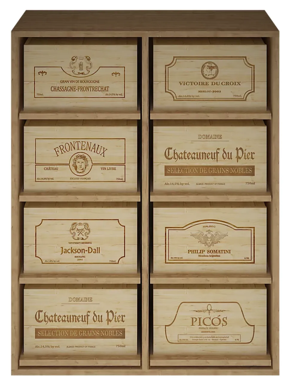 Meuble Range Bouteille de vin Série Godello en Pin Clair pour 8 boites de bois