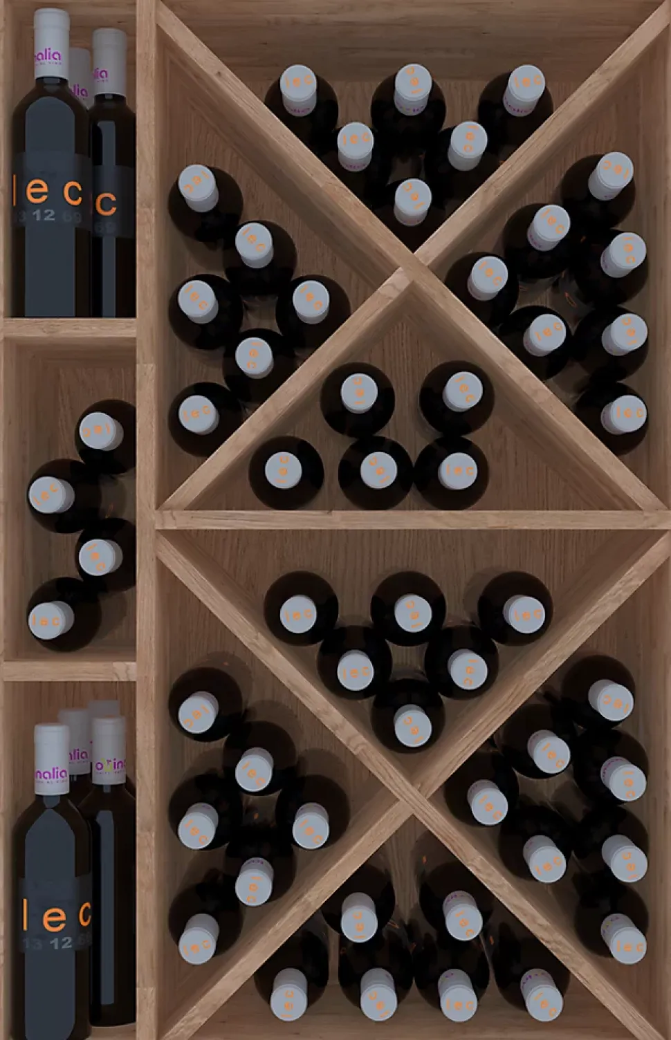 Meuble Range Bouteille de vin Série Godello en Pin Clair 60 bouteilles diamant et 3 cubicules gauche
