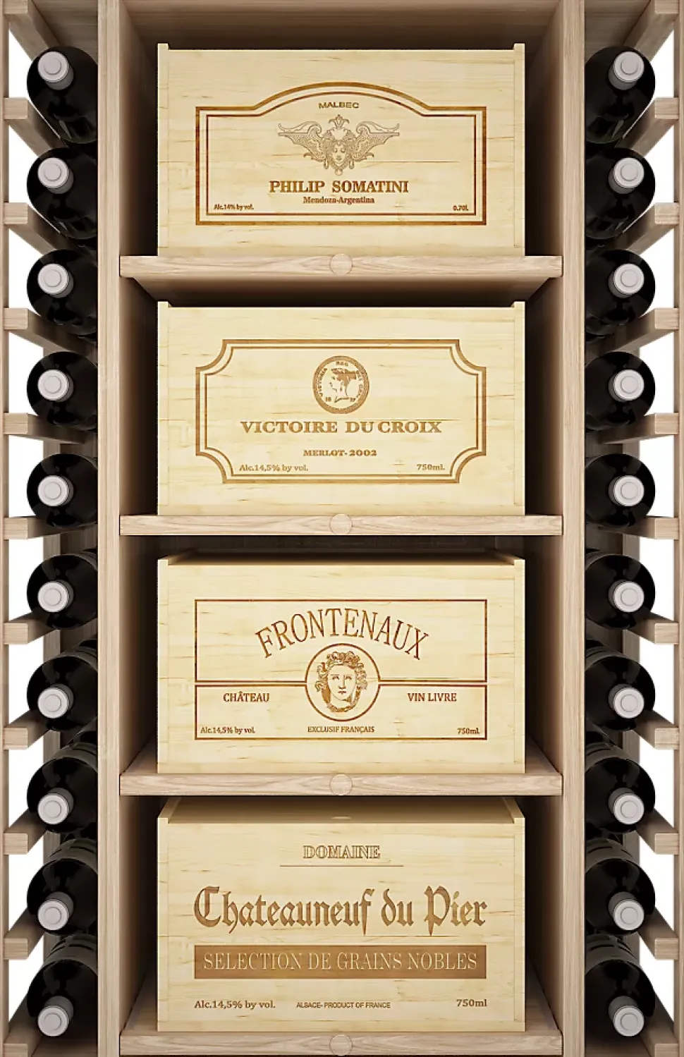 Meuble Range Bouteille de vin Série Godello en Chêne massif 40 bouteilles double profondeur avec 8 caisses de bois