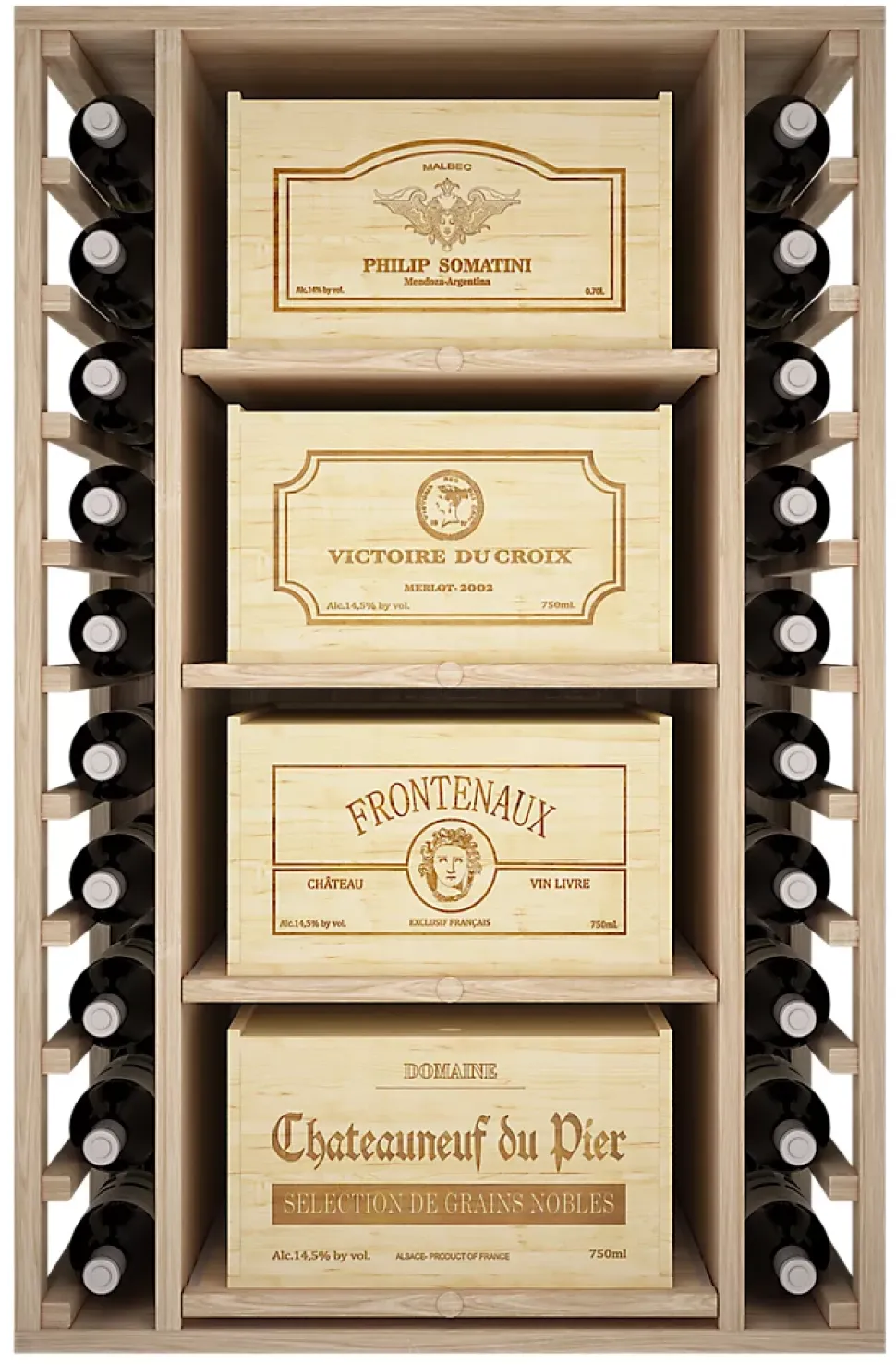 Meuble Range Bouteille de vin Série Godello en Chêne massif 40 bouteilles double profondeur avec 8 caisses de bois