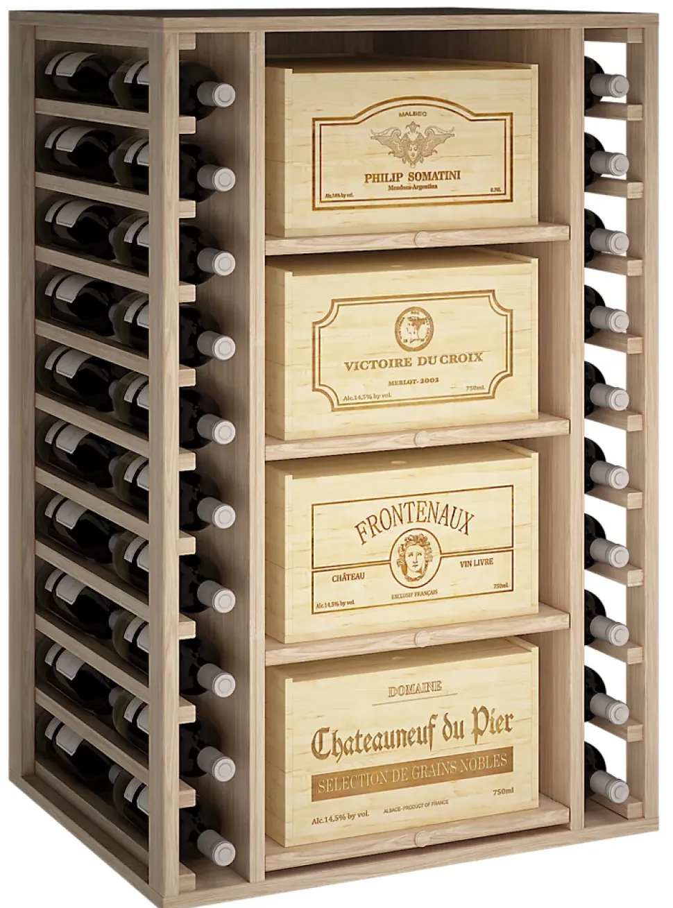 Meuble Range Bouteille de vin Série Godello en Chêne massif 40 bouteilles double profondeur avec 8 caisses de bois