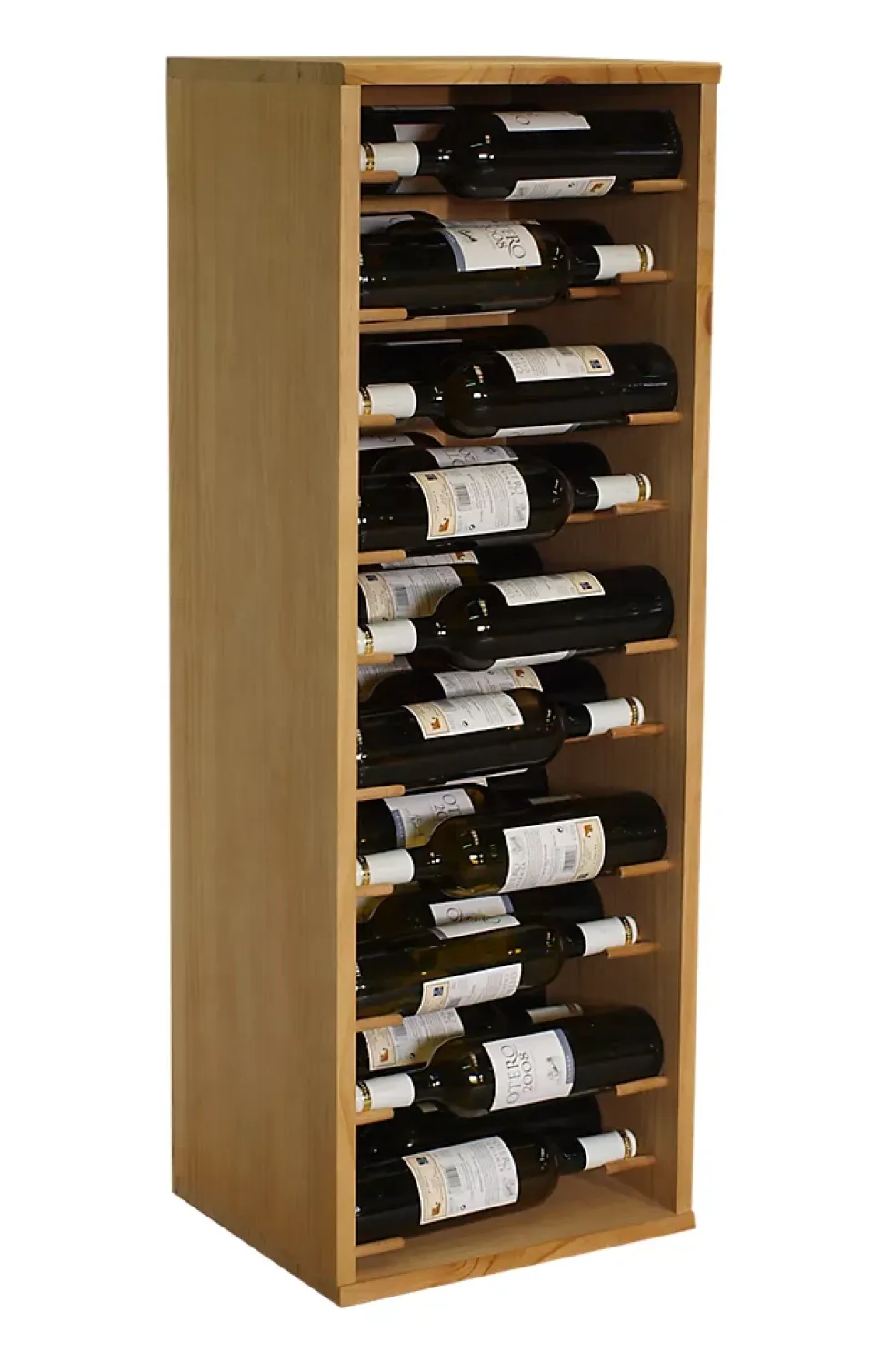 Meuble Range Bouteille de vin Série Godello en Chêne massif 30 bouteilles étiquettes devant