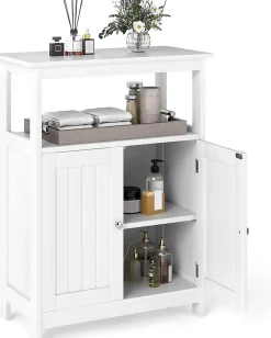 Meuble Salle de Bain, avec Double Portes, Plateau Grand, 2 Compartiments Ouverts, Étagère à 3 Niveaux, pour Entrée, Salon (Blanc)