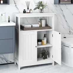 Meuble Salle de Bain, avec Double Portes, Plateau Grand, 2 Compartiments Ouverts, Étagère à 3 Niveaux, pour Entrée, Salon (Blanc)