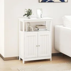 Meuble Salle de Bain, avec Double Portes, Plateau Grand, 2 Compartiments Ouverts, Étagère à 3 Niveaux, pour Entrée, Salon (Blanc)