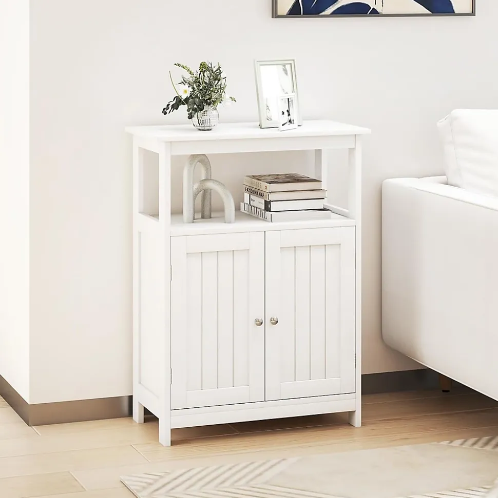 Meuble Salle de Bain, avec Double Portes, Plateau Grand, 2 Compartiments Ouverts, Étagère à 3 Niveaux, pour Entrée, Salon (Blanc)