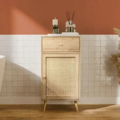 Meuble salle de bain décor bois et cannage Bohème 1 tiroir 1 étagère 45 x 36 x 90 cm naturel