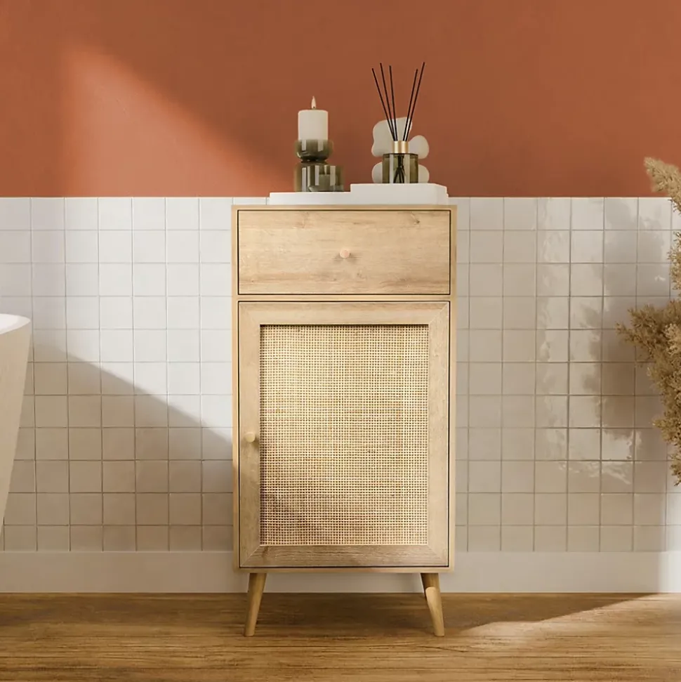 Meuble salle de bain décor bois et cannage Bohème 1 tiroir 1 étagère 45 x 36 x 90 cm naturel