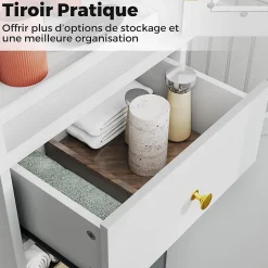Meuble Salle de Bain, sur Pieds,avec Porte, Tiroir et Étagères Réglables sur 3 Niveaux, pour Cuisine, Salon et Chambre (Blanc)