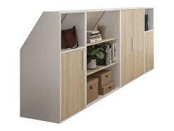 Meuble sous pente 4 portes, 2 étagères et 2 niches - Blanc et naturel - ADEZIO