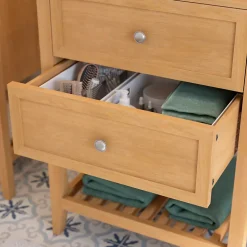 Meuble sous vasque à poser 2 tiroirs 1 niche placage chêne l.60 cm + plan de toilette placage chêne, GoodHome Perma