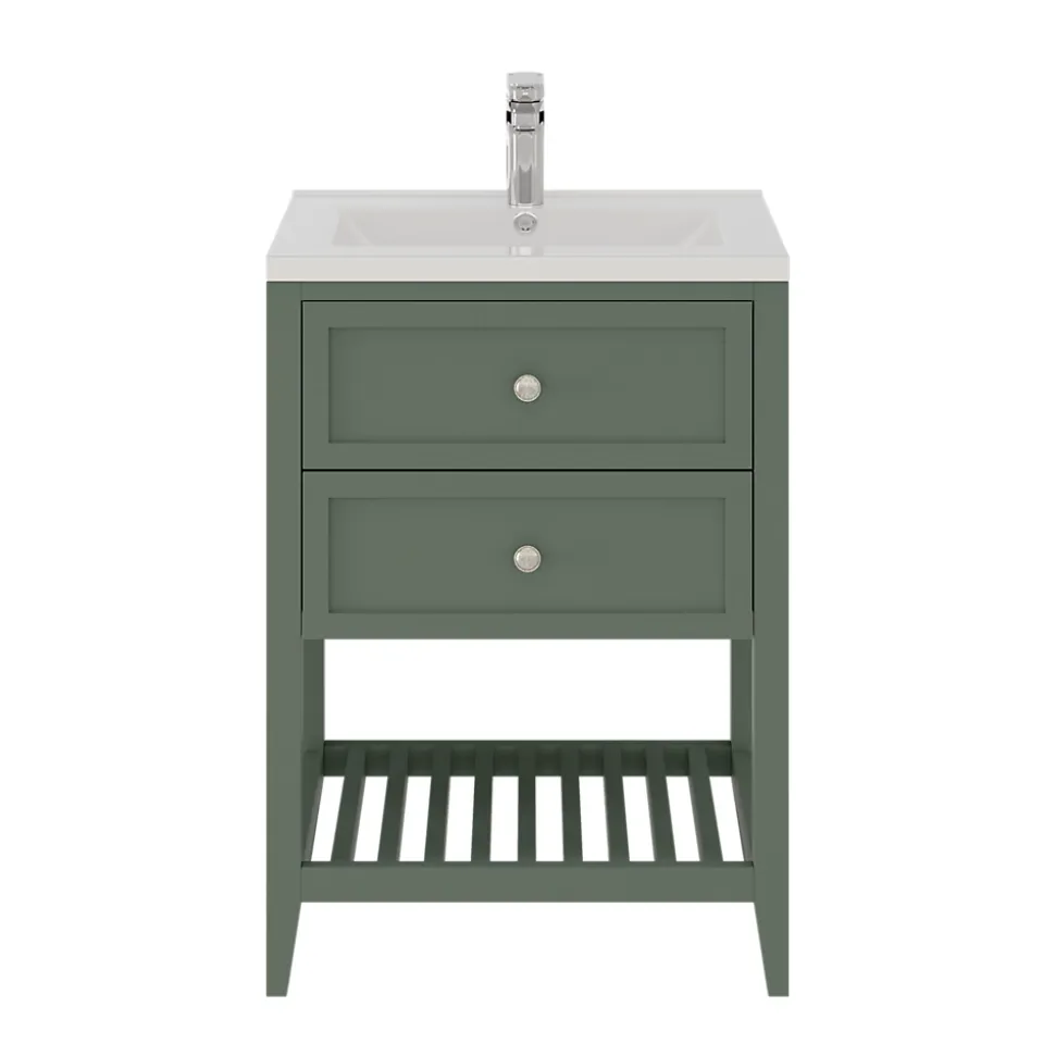 Meuble sous vasque à poser 2 tiroirs 1 niche vert mat l.60 x H.80,6 x P.45 cm, GoodHome Perma