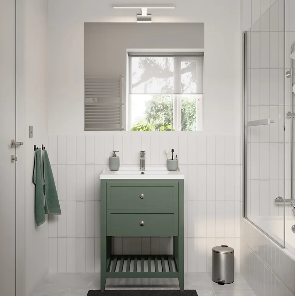 Meuble sous vasque à poser 2 tiroirs 1 niche vert mat l.60 x H.80,6 x P.45 cm, GoodHome Perma