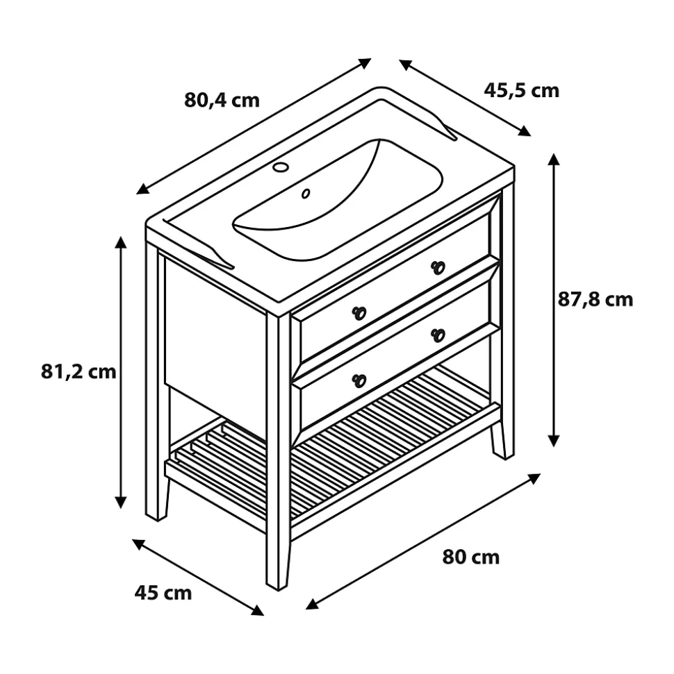 Meuble sous vasque à poser 2 tiroirs 1 niche placage chêne l.80 cm + plan de toilette placage chêne, GoodHome Perma