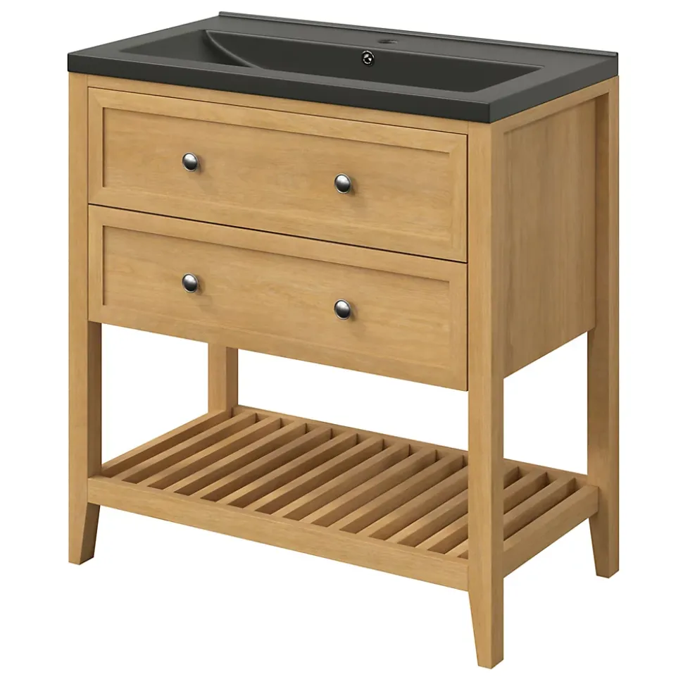 Meuble sous vasque à poser 2 tiroirs placage chêne l.80 x H.80,6 x P.45 cm, GoodHome Perma