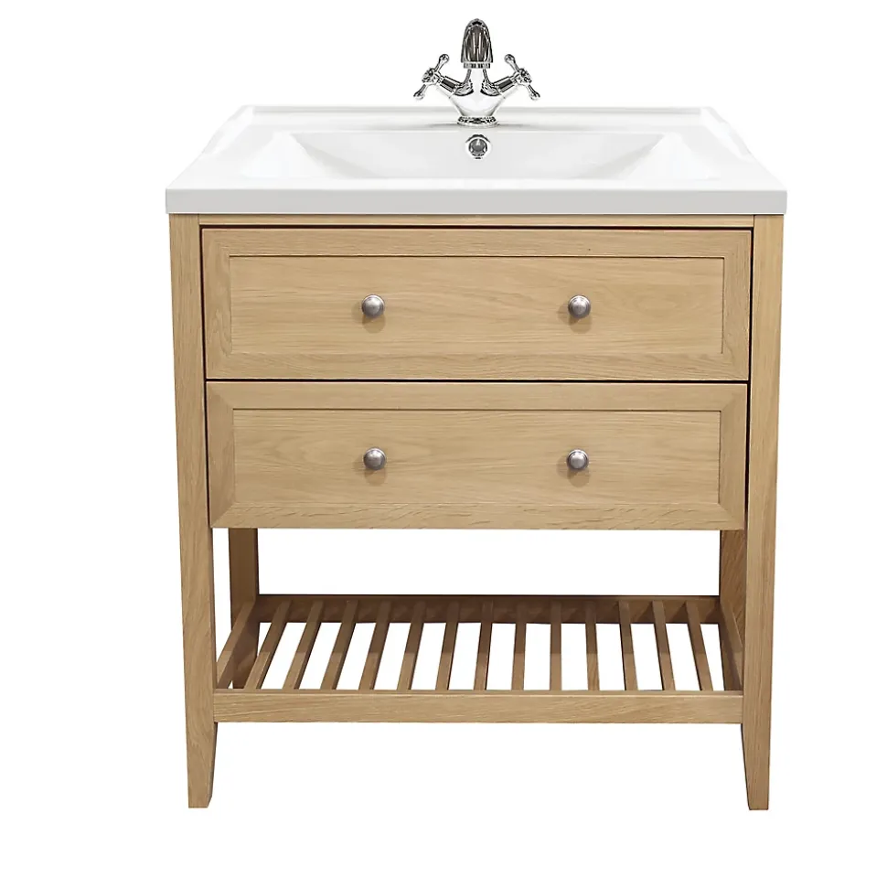 Meuble sous vasque à poser 2 tiroirs placage chêne l.80 x H.80,6 x P.45 cm, GoodHome Perma