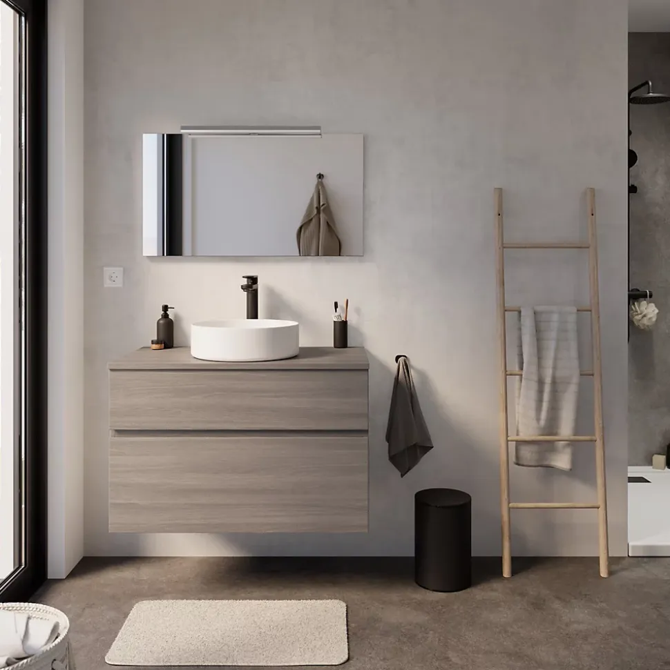 Meuble sous vasque faible profondeur effet chêne clair l.90 cm 2 tiroirs, Calao