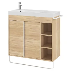Meuble sous vasque faible profondeur à poser avec porte-serviettes effet bois l.85 x H.82 x P.36 cm, GoodHome Maza
