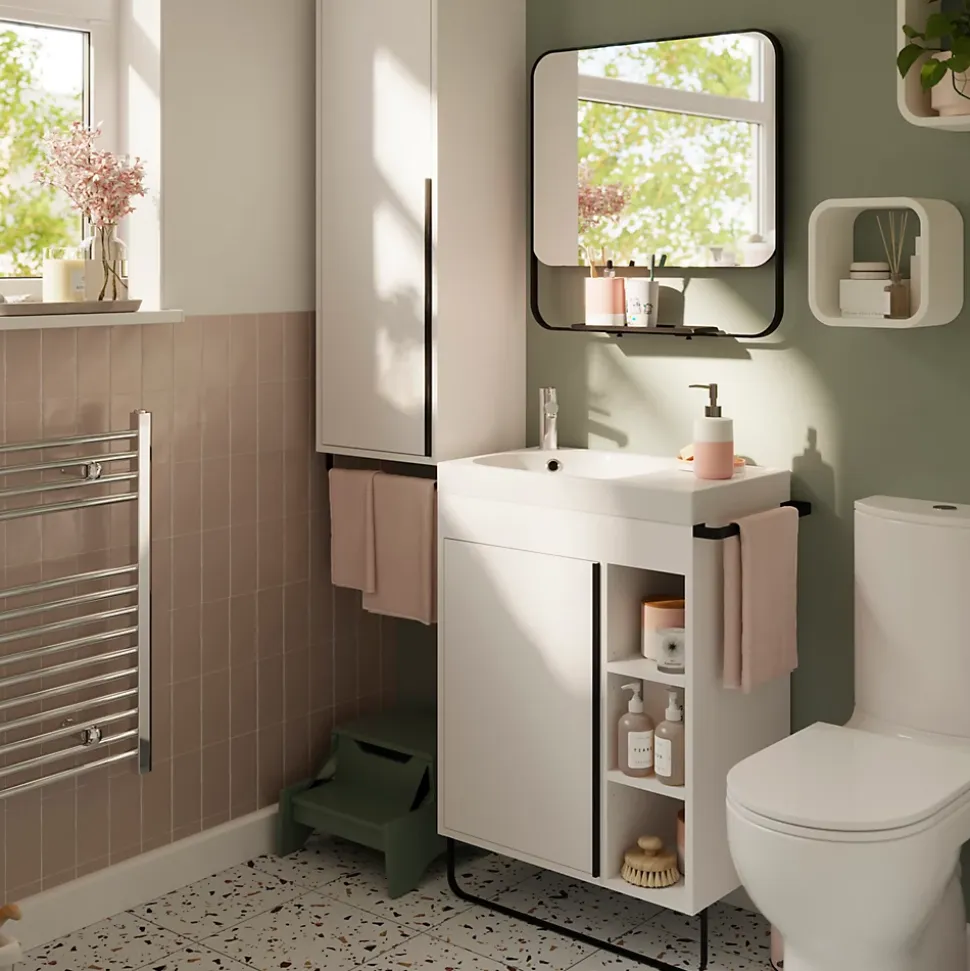 Meuble sous vasque faible profondeur à poser avec porte-serviettes blanc l.65 x H.82 x P.36 cm, GoodHome Maza