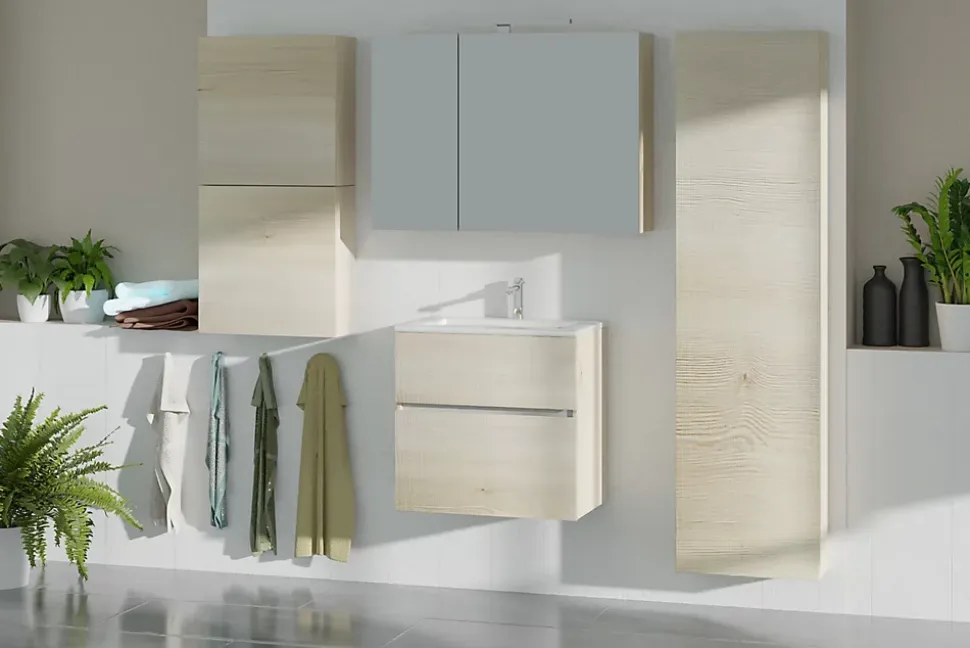 Meuble sous vasque faible profondeur effet chêne l.60 cm 2 tiroirs, Calao