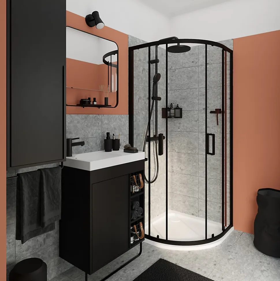 Meuble sous vasque faible profondeur à poser avec porte-serviettes noir l.65 x H.82 x P.36 cm, GoodHome Maza