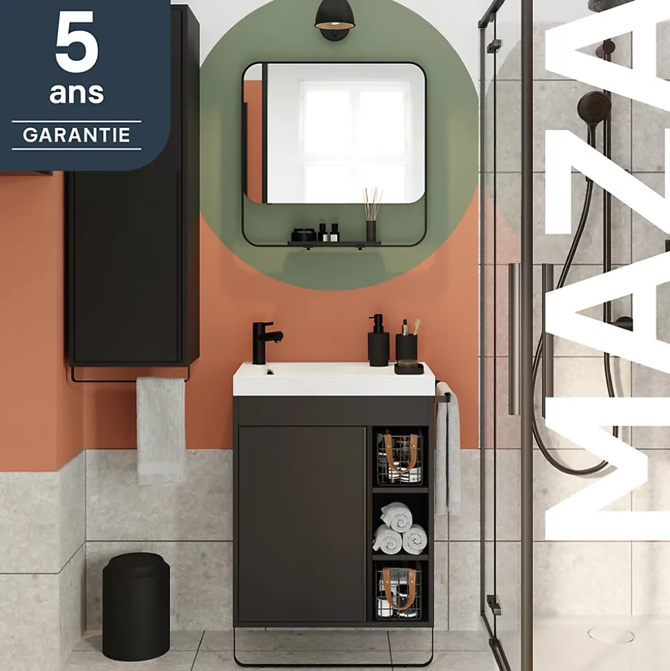 Meuble sous vasque faible profondeur à poser avec porte-serviettes noir l.65 x H.82 x P.36 cm, GoodHome Maza