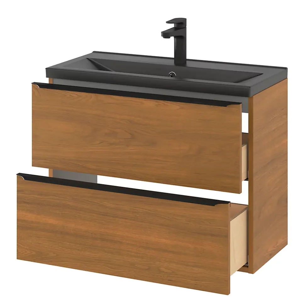 Meuble sous vasque suspendu faible profondeur effet noyer l.80 x H.60 x P.36 cm, GoodHome Imandra