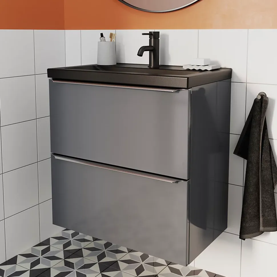 Meuble sous vasque suspendu faible profondeur gris taupe brillant l.60 x H.60 x P.36 cm, GoodHome Imandra
