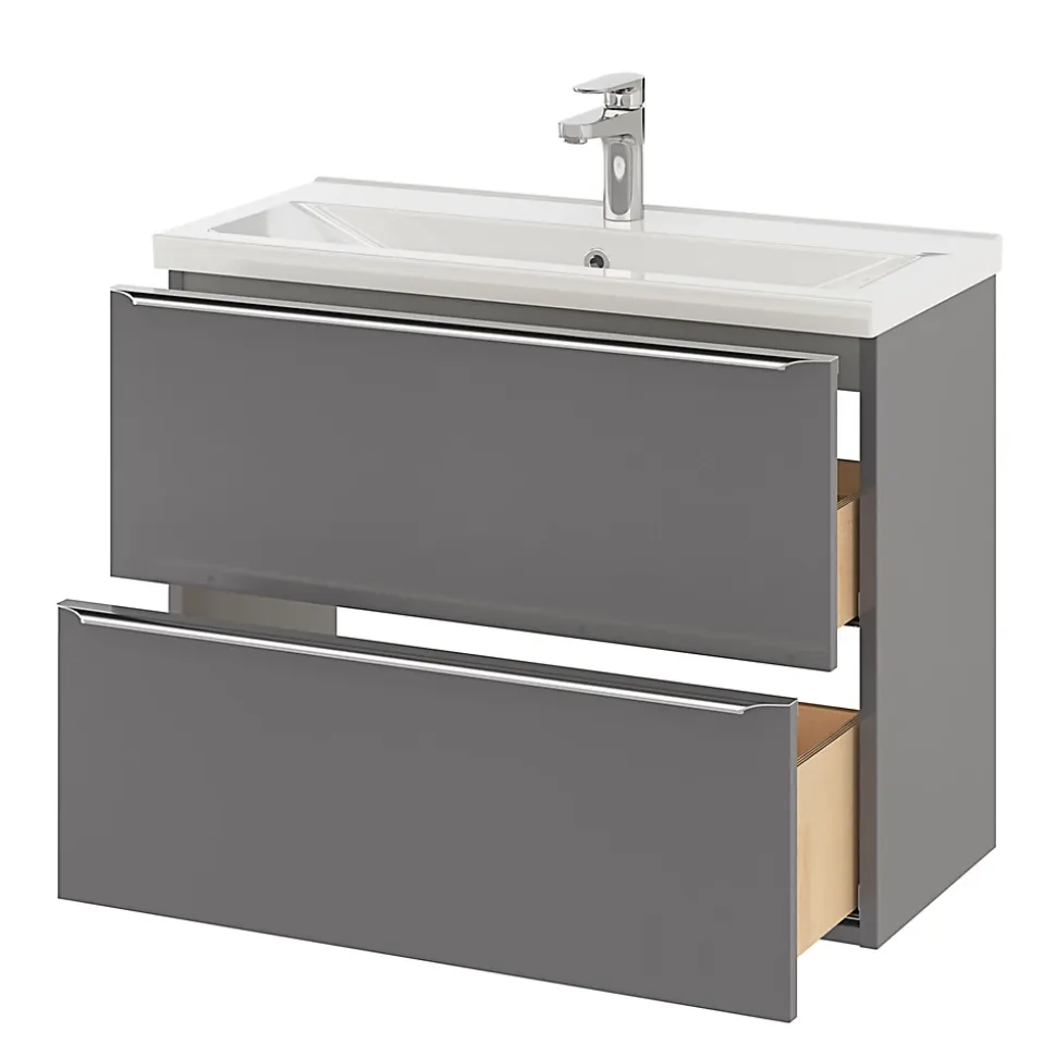 Meuble sous vasque suspendu faible profondeur gris brillant l.80 x H.60 x P.36 cm, GoodHome Imandra