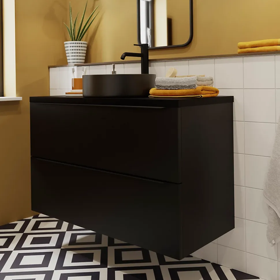 Meuble sous vasque suspendu noir mat l.100 x H.60 x P.45 cm, GoodHome Imandra