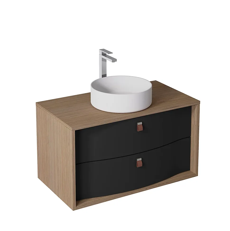 Meuble sous vasque suspendu noir mat 2 tiroirs l.90 x H.50 x P.50 cm, Decotec Havana