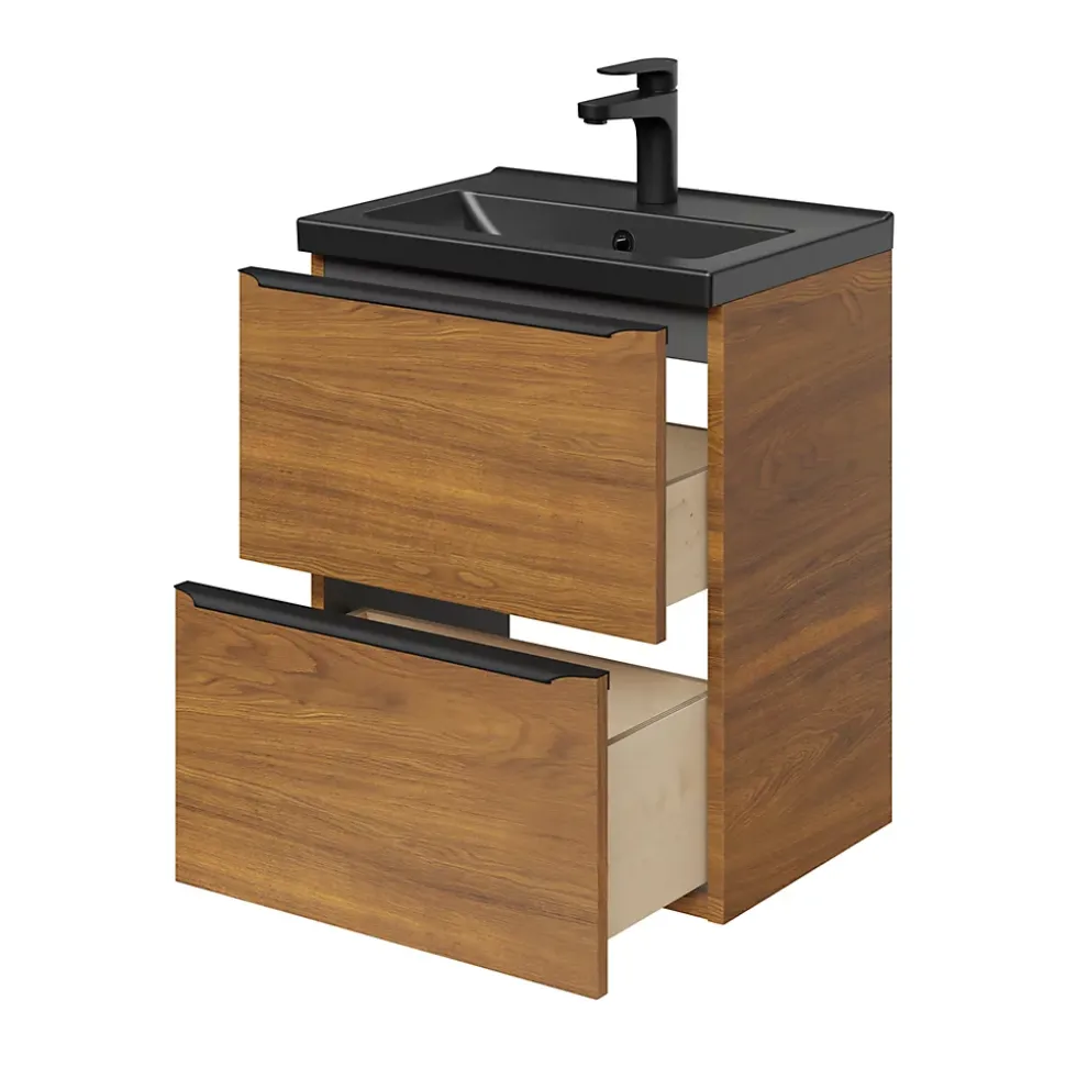 Meuble sous vasque suspendu faible profondeur effet noyer l.50 x H.60 x P.36 cm, GoodHome Imandra
