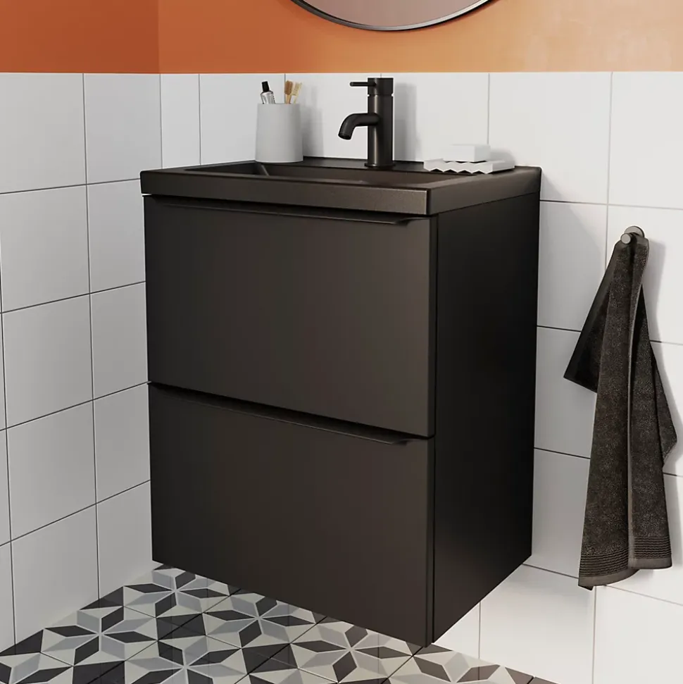 Meuble sous vasque suspendu faible profondeur noir mat l.50 x H.60 x P.36 cm, GoodHome Imandra