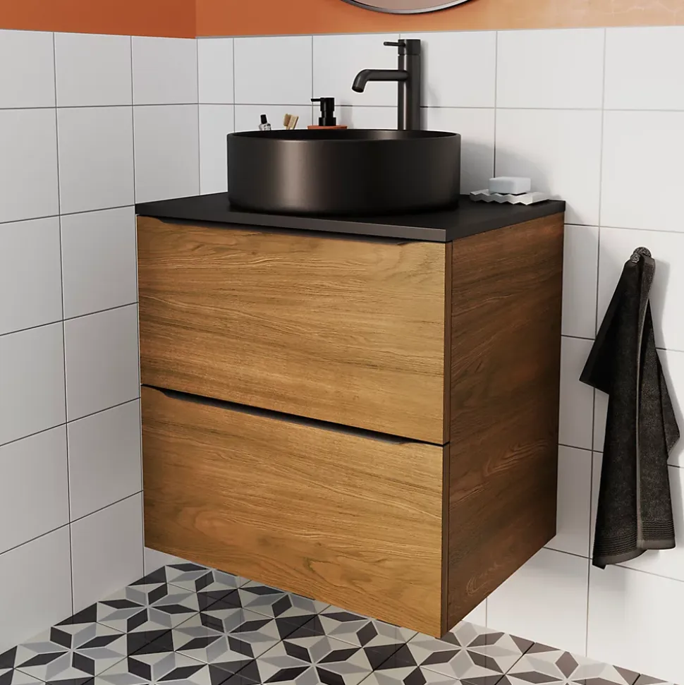 Meuble sous vasque suspendu effet noyer l.60 x H.60 x P.45 cm, GoodHome Imandra
