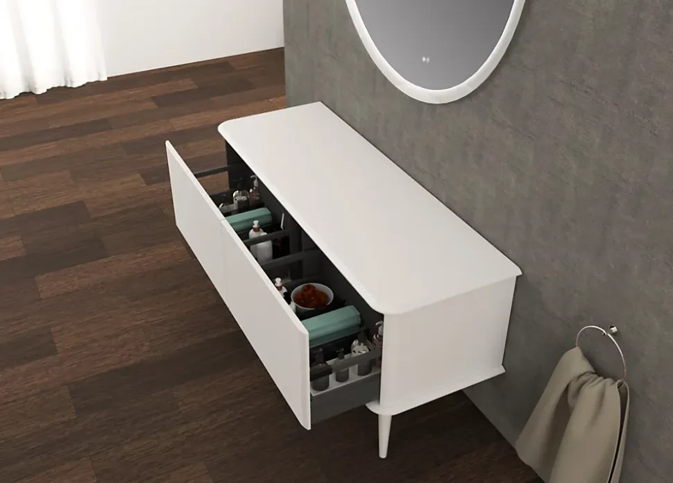 Meuble sous-vasque à suspendre l.141 cm avec plan de toilette et pieds H.29 cm, blanc mat, Idra