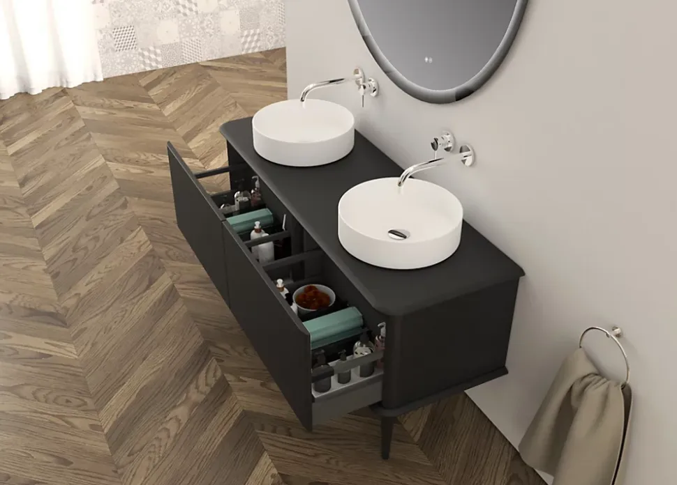 Meuble sous-vasque à suspendre l.141 cm avec plan de toilette, 2 vasques à poser et pieds H.29 cm, noir mat, Idra