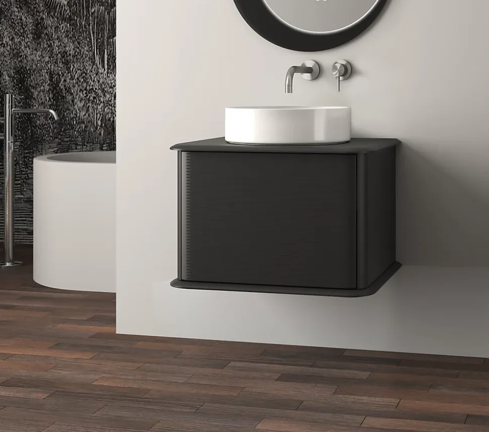 Meuble sous-vasque à suspendre l.61 cm avec plan de toilette et vasque à poser, noir mat, Idra