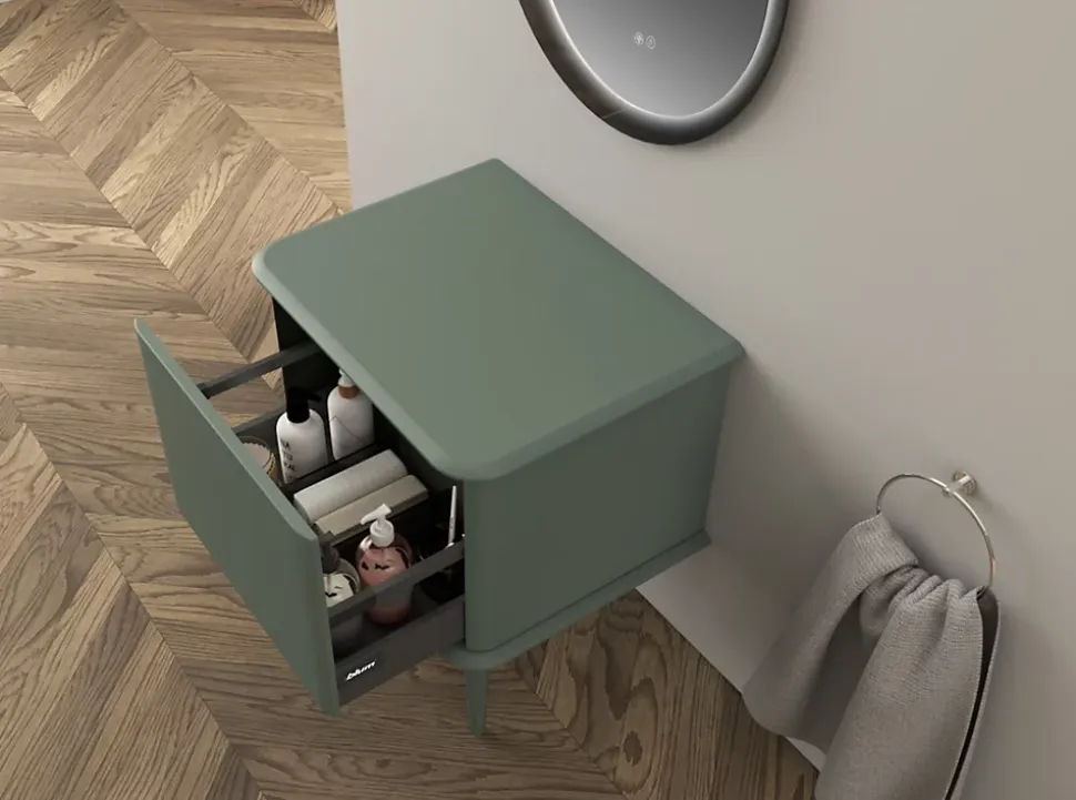 Meuble sous-vasque à suspendre l.61 cm avec plan de toilette et pieds H.29 cm, vert mat, Idra
